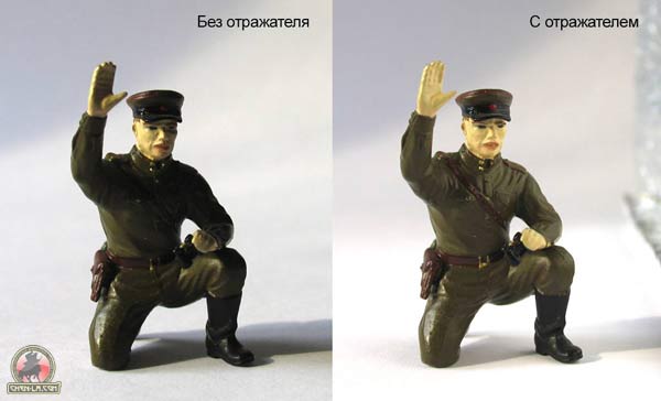 При боковом освещении эффект от использования отражателя выражен более ярко